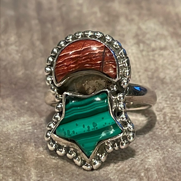 Moon & Star Ring Size 6 Sterling Silver Green South African Malachite & Jasper 6 - Picture 1 of 8